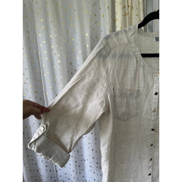 JM Collection Petite 100% Linen Mandarin Band Collar Button Down Shirt 14 - Picture 3 of 7
